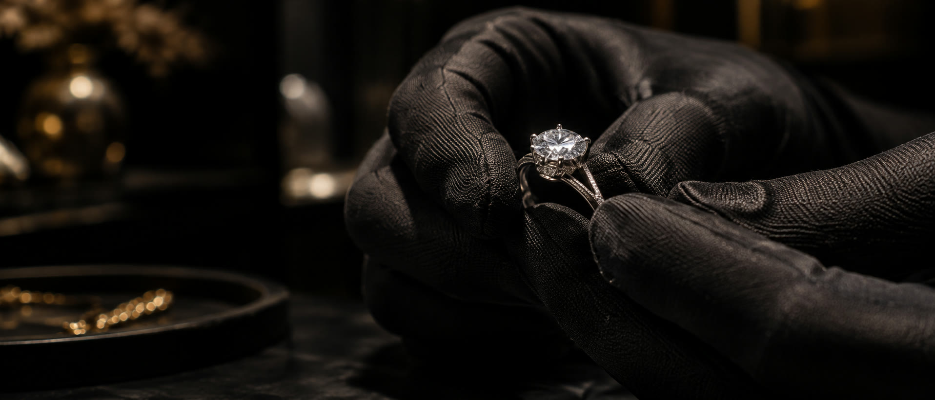 A diamond solitaire engagement ring presented in gloved hands