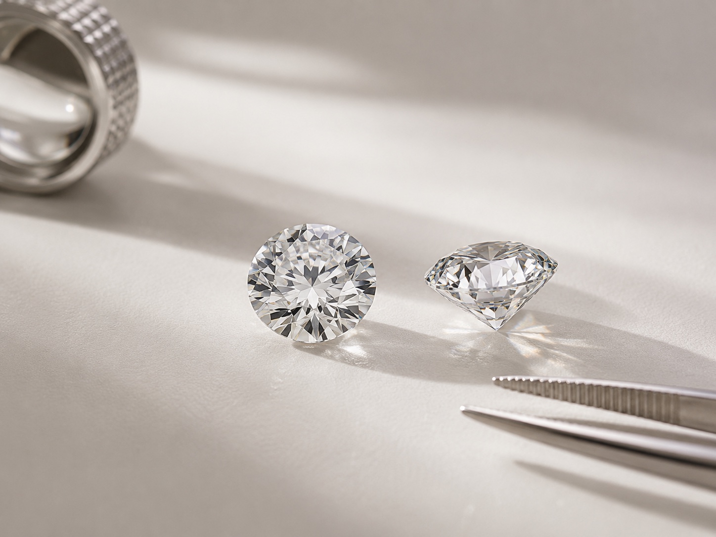 Two loose brilliant-cut diamonds — one face-up, one on its side — beside a ring and tweezers on a pale surface