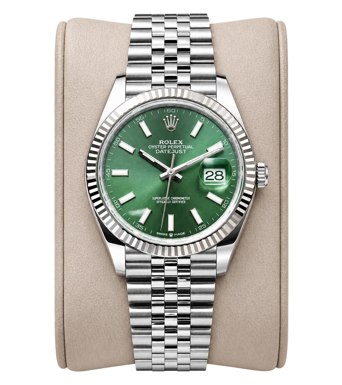 A pre-owned Rolex Oyster Perpetual Datejust with a green dial, fluted white gold bezel and stainless steel jubilee bracelet