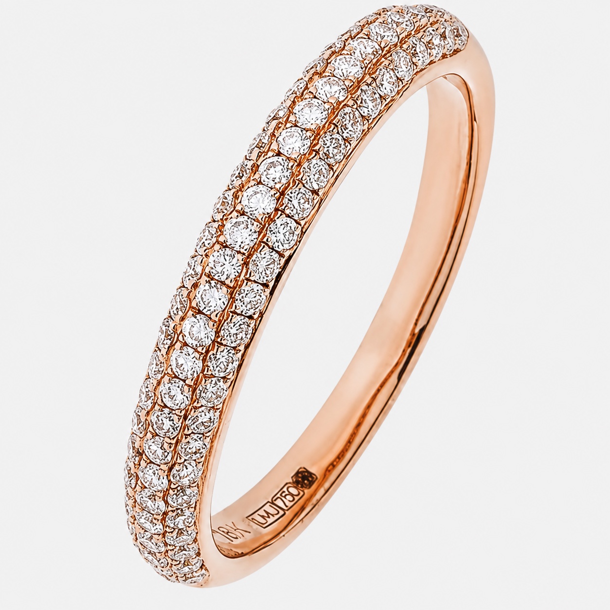 An 18ct rose gold dress ring pavé-set across the top with rows of round brilliant diamonds