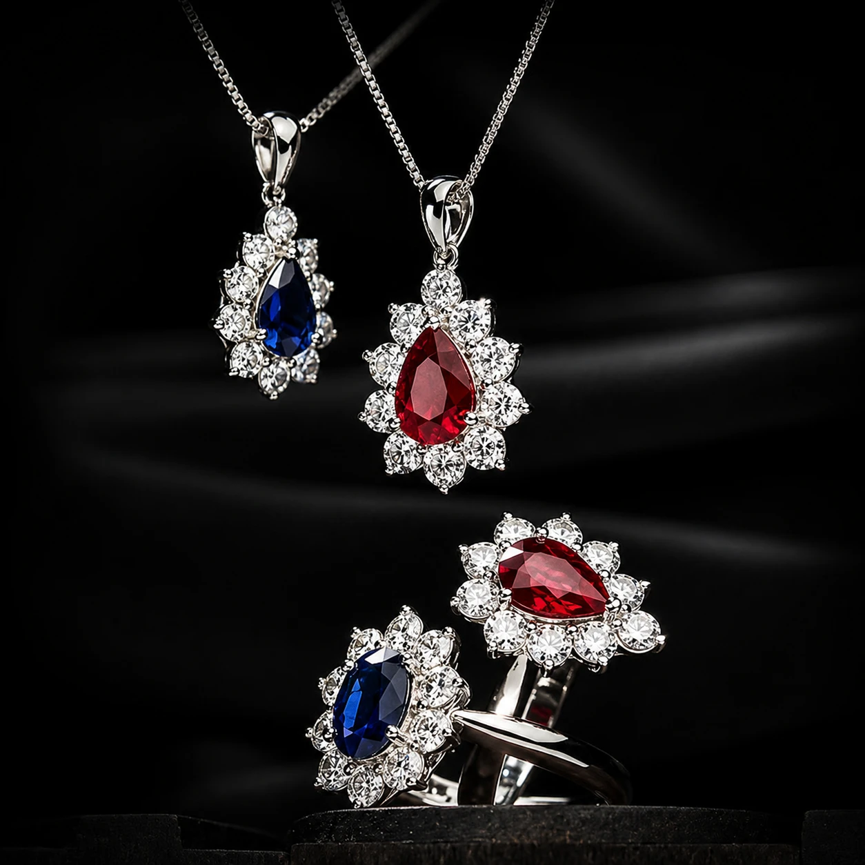 Ruby and sapphire cluster pendant and rings