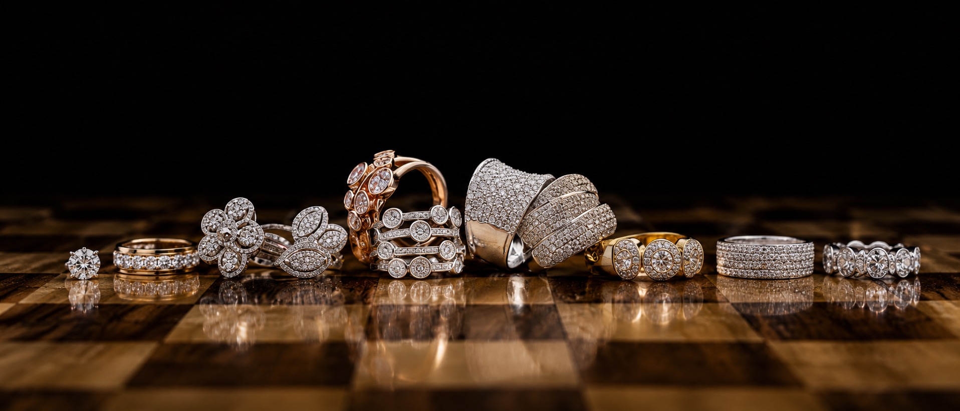 A row of diamond dress rings and eternity bands laid out for inspection