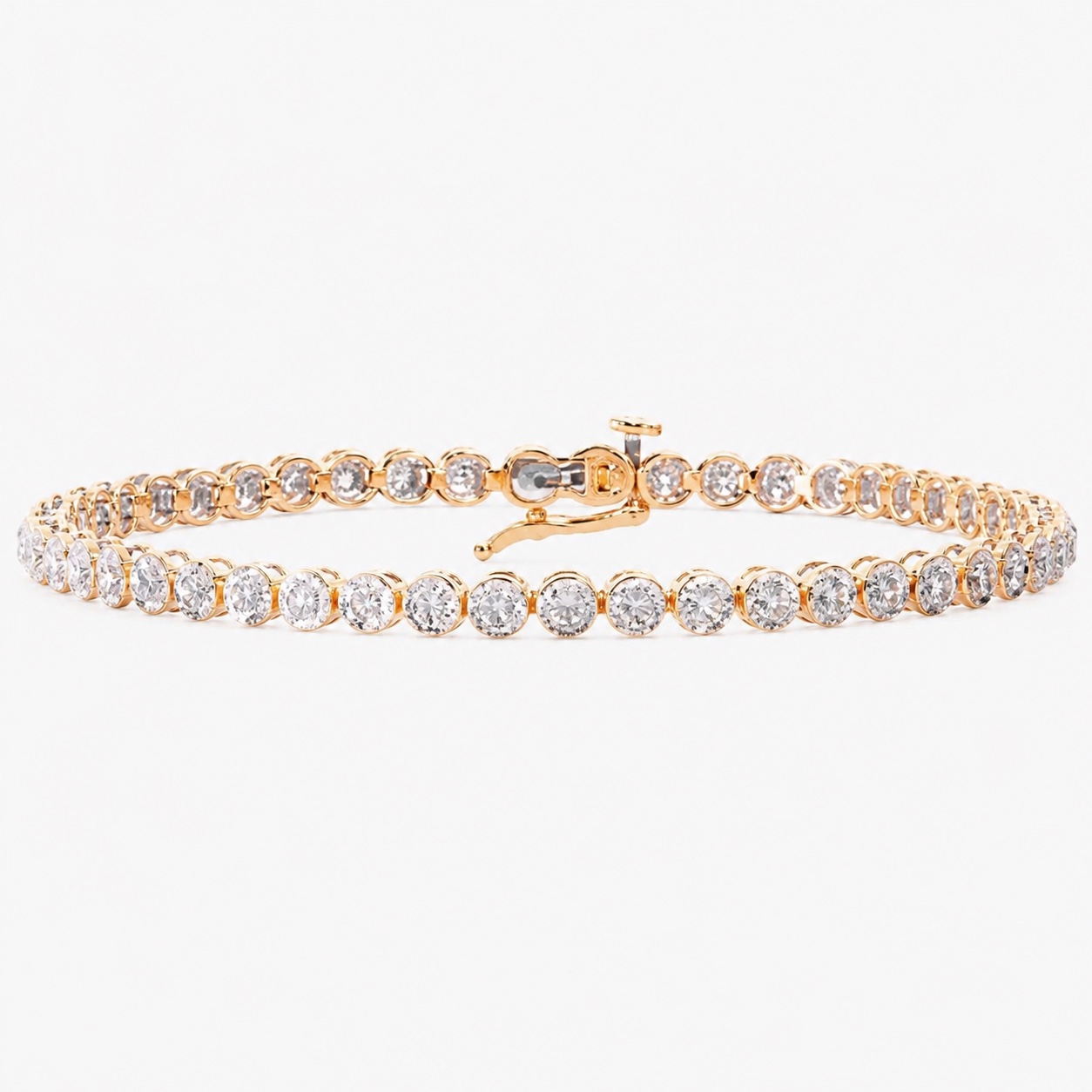 A 9ct rose gold tennis bracelet of rub-over set round brilliant diamonds