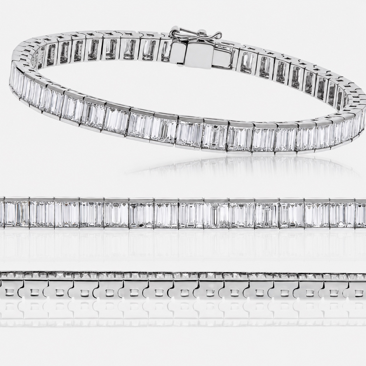 An 18ct white gold tennis bracelet channel-set with baguette-cut diamonds, shown with detail views
