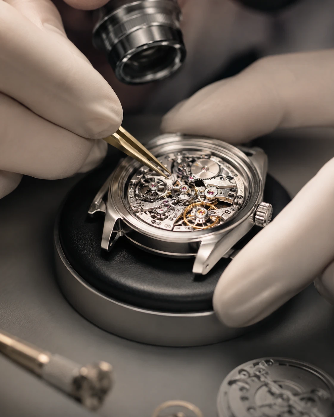 A watchmaker working on an exposed watch movement at the bench